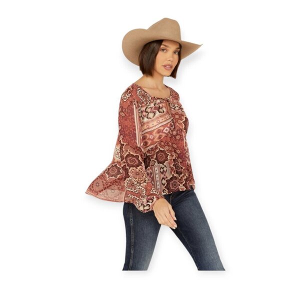 Shyanne Peasant Boho Top Rust Semi-Sheer Chiffon Size M - Picture 11 of 11